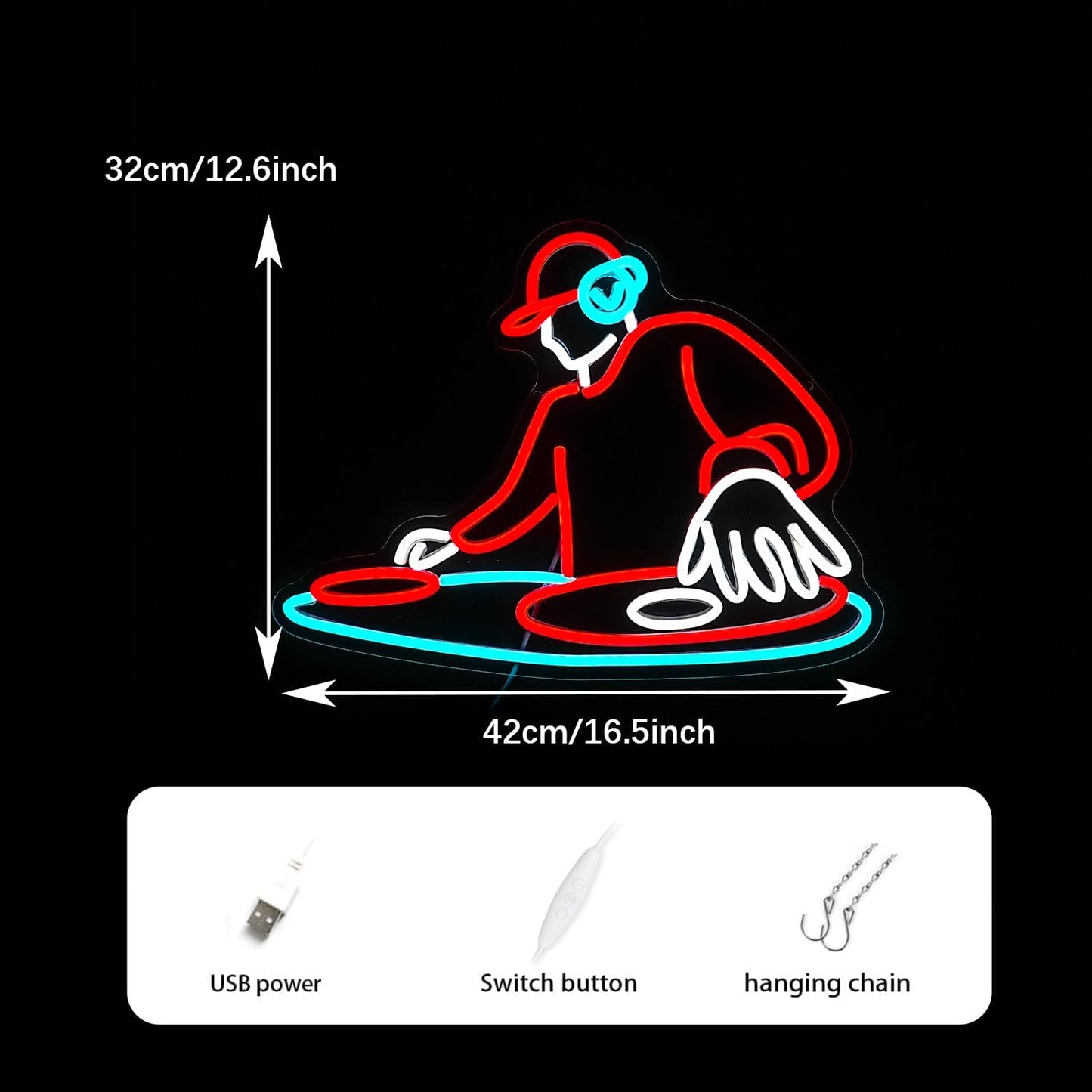 DJ Player Neon Sign Bar Neon Light Wall Decor 16.5 * 12.6 Inch LED DJ Light Up Sign for Bar Club Live Music Concert Bedroom Party Neon Decor (USB Dimmable)