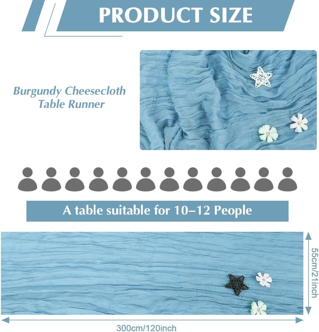 Baby Blue Cheesecloth Table Runner -21*120Inch Long Boho Wedding Table Decor, Rustic Gauze Fabric Runner for Bridal Showers, Baby Showers & Parties (Sheer, Lightweight, Wrinkled Design)