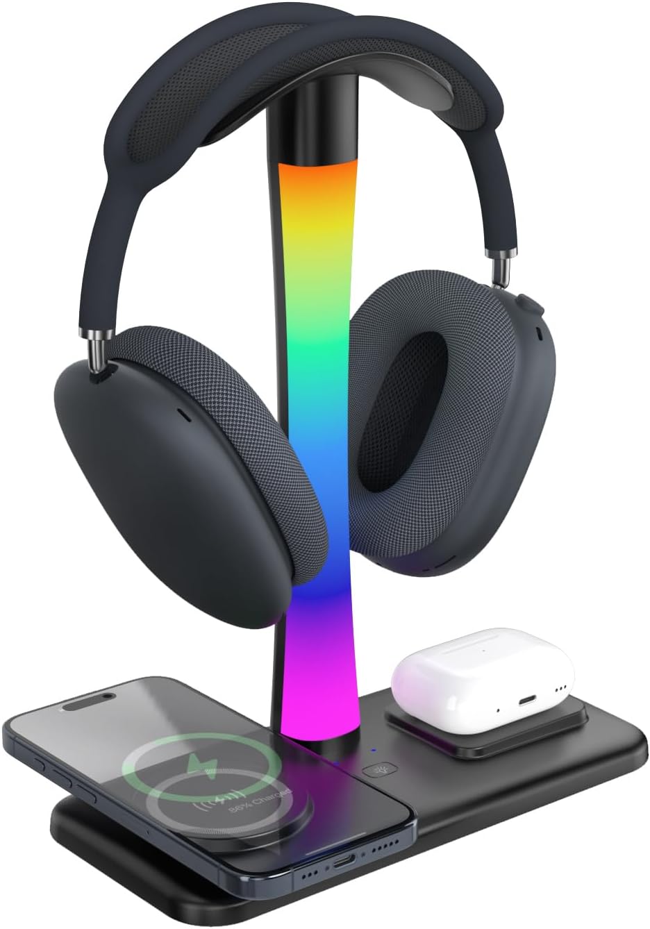 Headphone Stand with Wireless Charger,Gaming HeadsetStand with RGB Light Mode,AirpodMaxStand Compatible with Airpod Pro/3/2,iPhone 16/15/14/13/12/11,Samsung,Gifts for Gamers and Music Lover