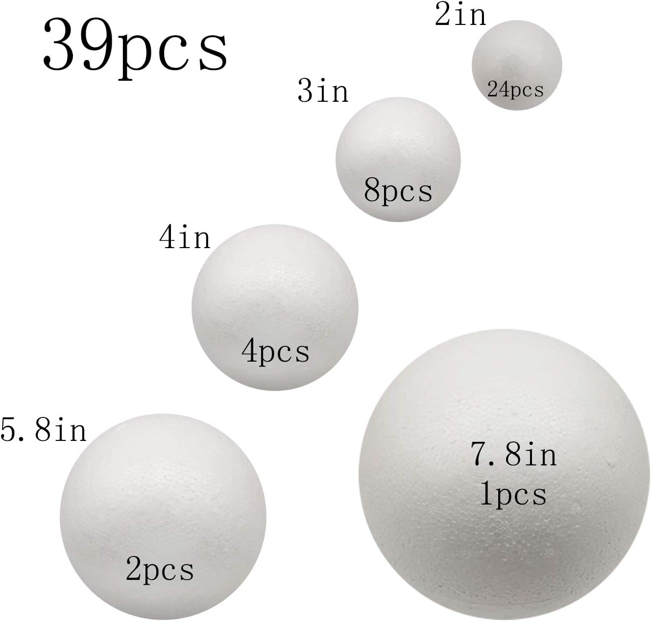 FFchuanhe 39 Pack Craft Foam Balls, 5 Sizes Including 2-7.8 in, Polystyrene Smooth Round Balls for Arts and Crafts, Wedding, DIY Craft for Home, Supplies School Craft Project and Holiday Party