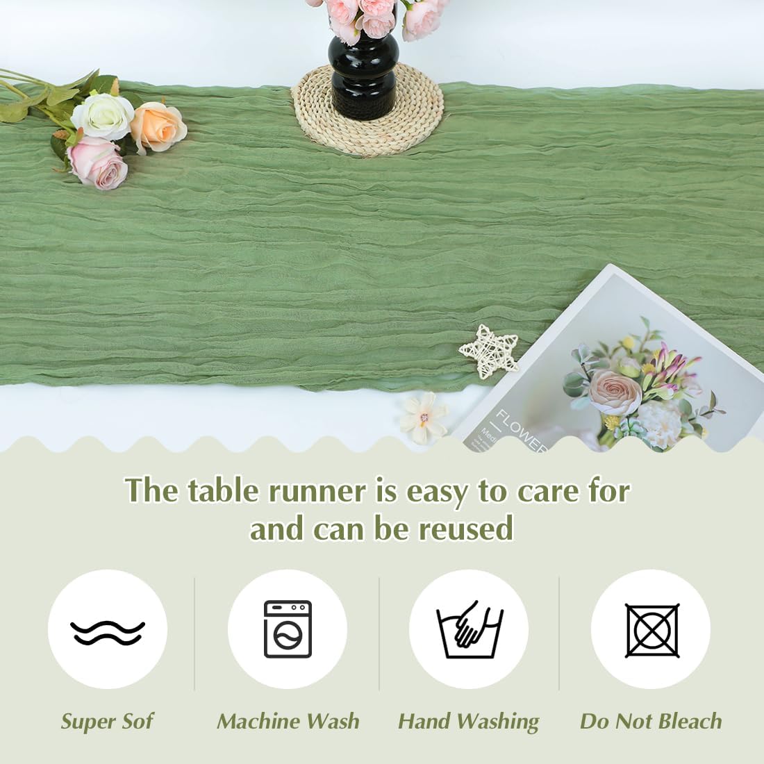 Olive Green Cheesecloth Table Runner -21*120Inch Long Boho Wedding Table Decor, Rustic Gauze Fabric Runner for Bridal Showers, Baby Showers & Parties (Sheer, Lightweight, Wrinkled Design)