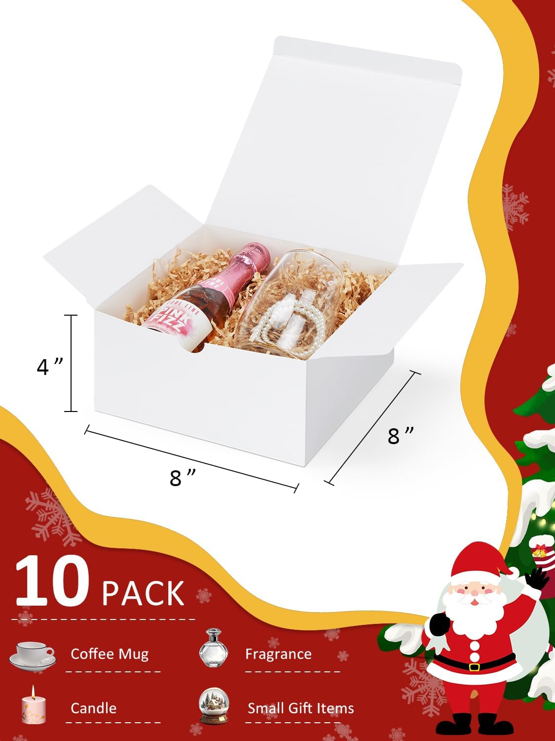 Eupako White Gift Boxes 8x8x4 10 Pack, Kraft Paper Gift Boxes with Lids for Bridesmaid Proposal Gifts, Wedding, Birthday, Crafting, Graduation, Holiday, Christmas