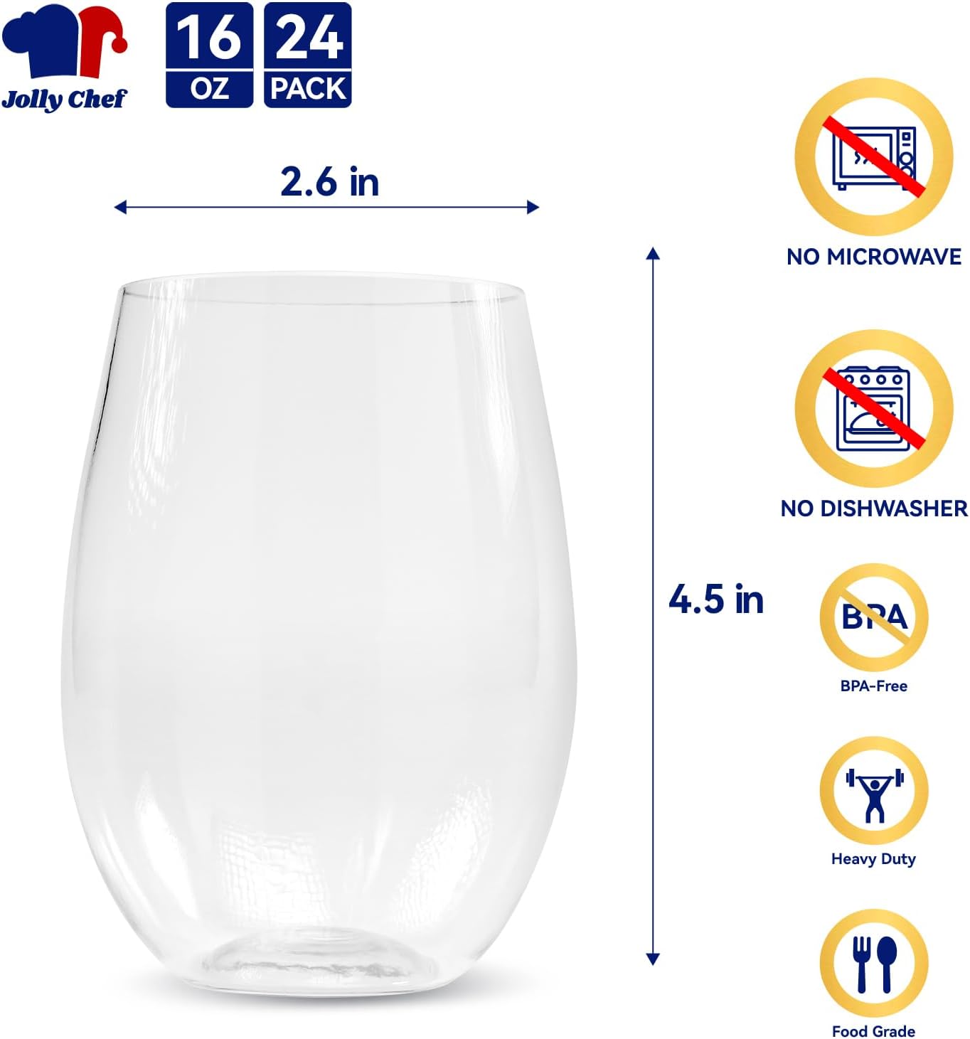 JOLLY CHEF 24 Pack 16oz Plastic Wine Glasses Stemless, Disposable Wine Cups, Premium Quality, Recyclable, Unbreakable, Crystal and BPA-Free for Party