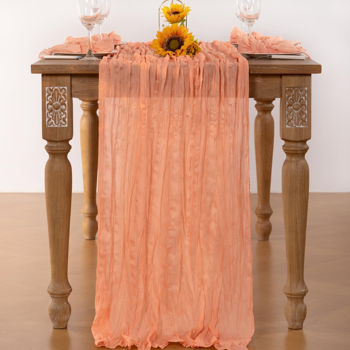 Peach Cheesecloth Table Runner Fall Table Runner Boho Gauze 120 Inches Cheese Cloth Fall Table Decorations for Sweet Little Peach Baby Shower Decor Wedding Bridal Thanksgiving Party
