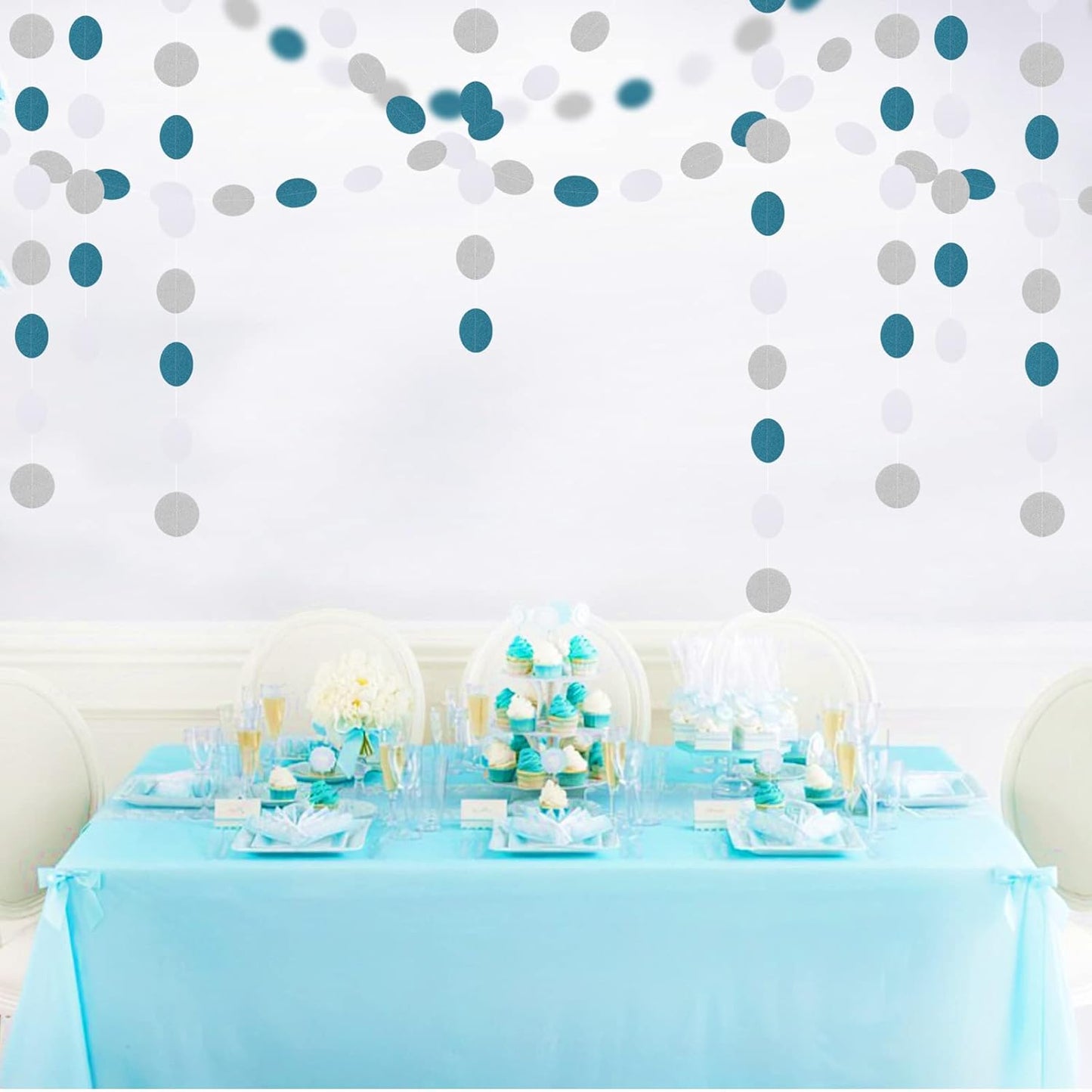 Teal-Turquoise White-Silver Party-Decorations Garland Streamers - 52Ft Woman Girl Frozen Birthday Paper Banner,Graduation Wedding Bachelorette Engagement Bridal Baby Shower Backdrop Decor Panduola