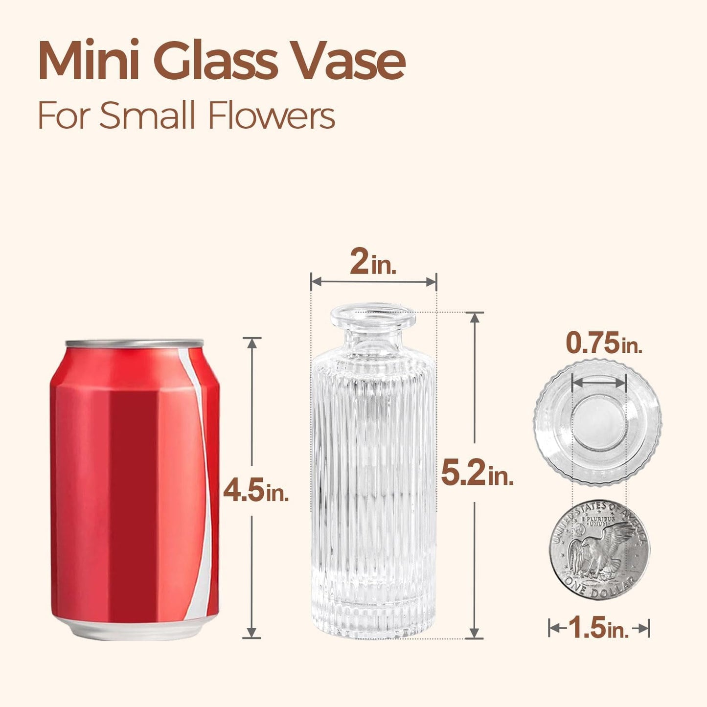 ComSaf Small Vases for Flowers Mini Clear Glass Bud Vases in Bulk, 5.2 inch Tall Mini Flower Vase, Vases for Centerpiece, Ribbed Vase, Wedding Table Ceterpiece, Home Decor, Housewarming Gift (Clear)