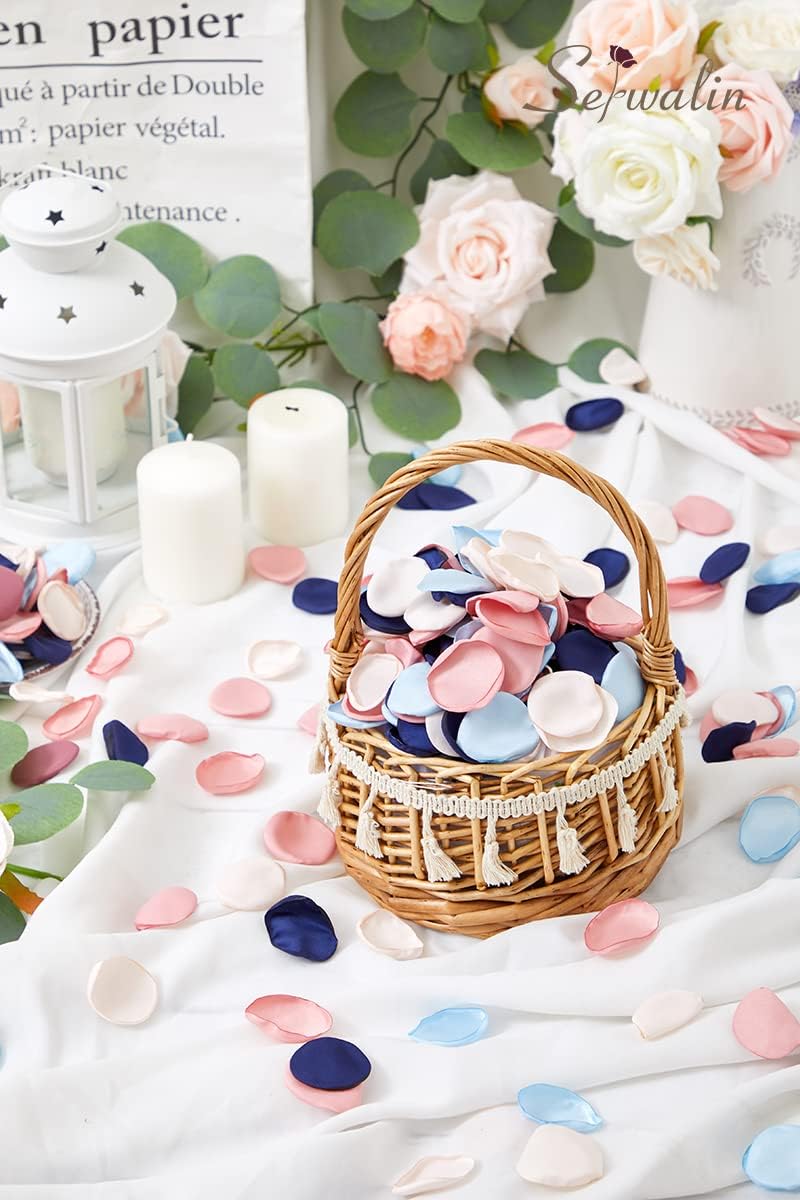 Serwalin 500pcs Silk Rose Petals Artificial Flower Pink Navy Blue for Weddings Proposal Fake Petals for Flower Girl Basket Bridal Shower (4 Color Mixes)