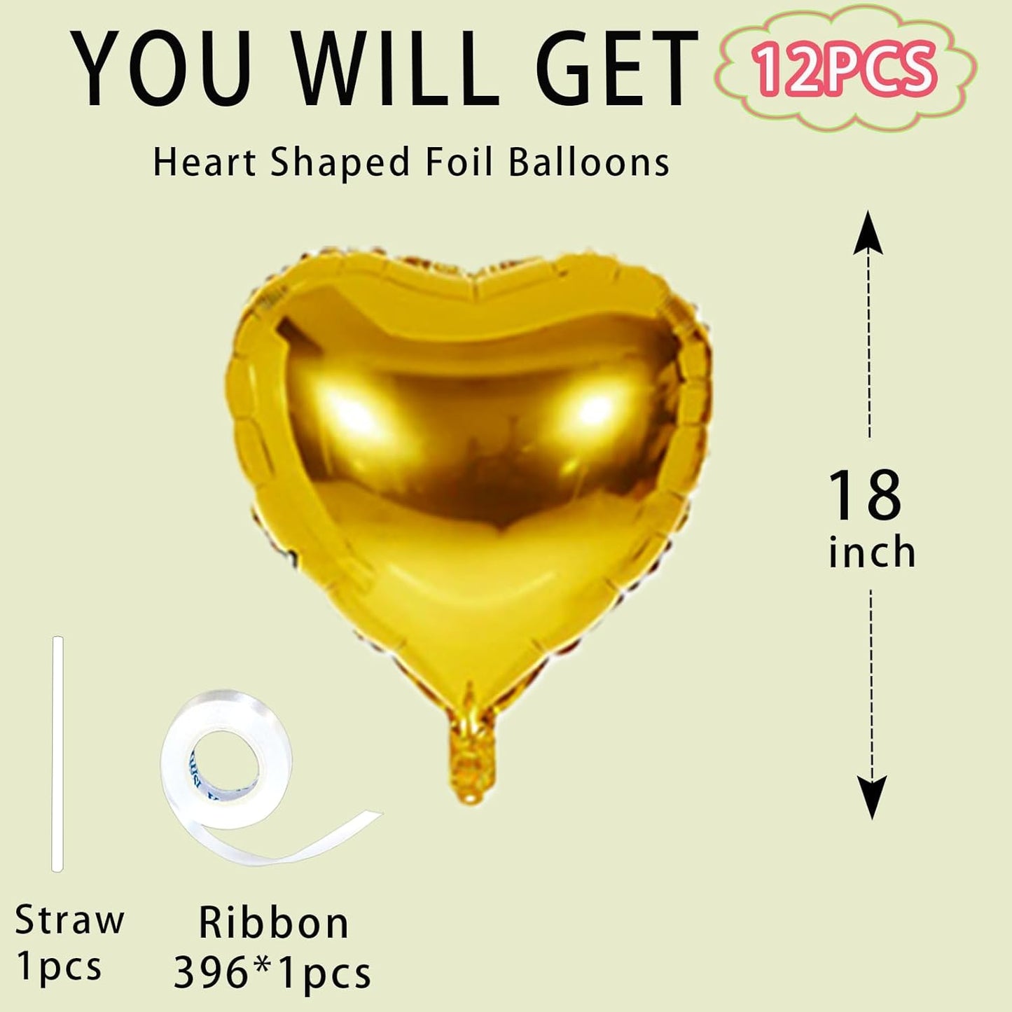 Gold Heart Balloons,18inch Bright Gold Heart Shaped Foil Balloons 12Pcs Helium Mylar Balloon for Anniversary Wedding Engagement Birthday Party Baby Shower Decorations