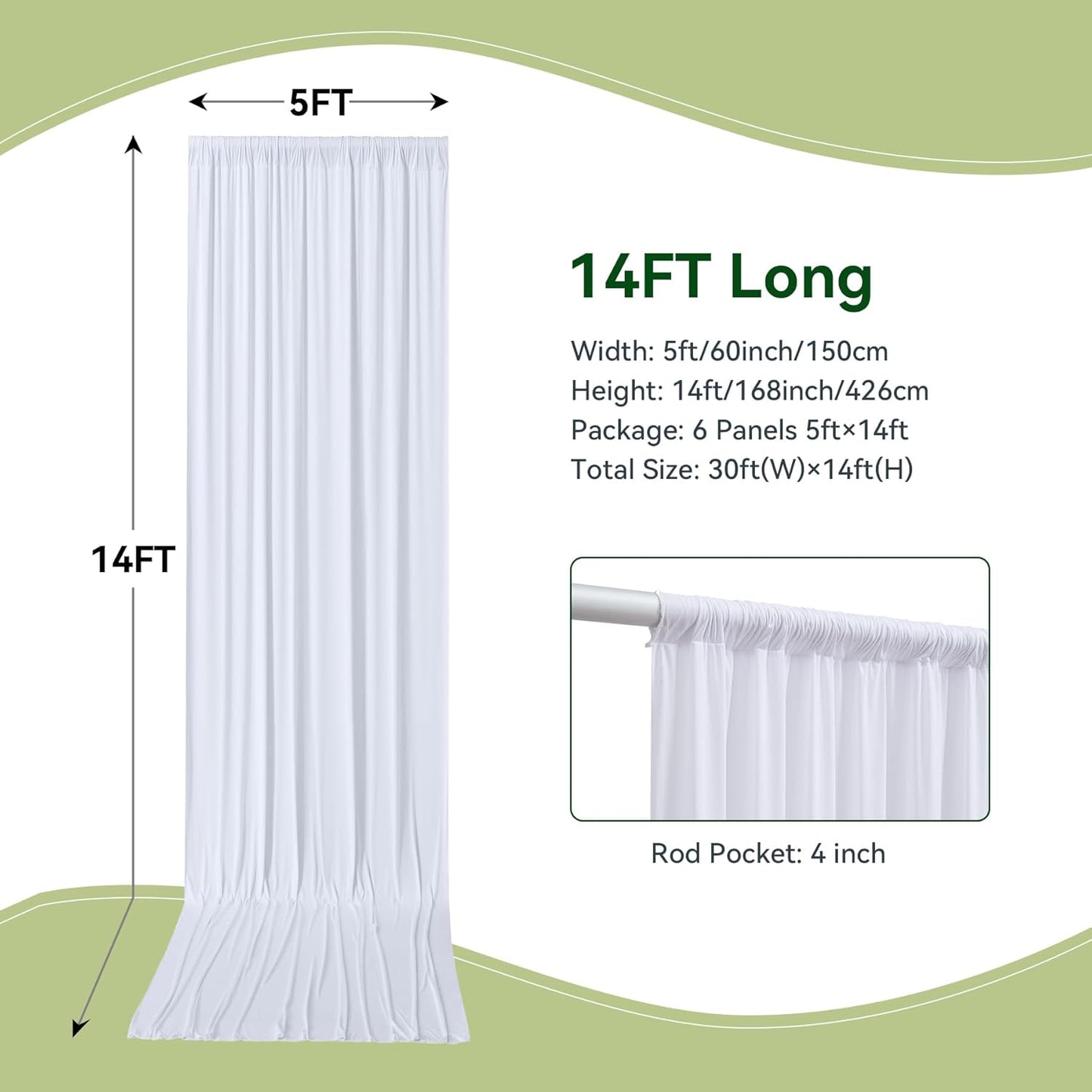 30×14 ft White Wrinkle Free Backdrop Curtain, Soft Silky Polyester Wedding Drapes 6 Panels 14ft Height Photo Backdrop Curtains for Parties Birthday Baby Shower Photography Background Cloth