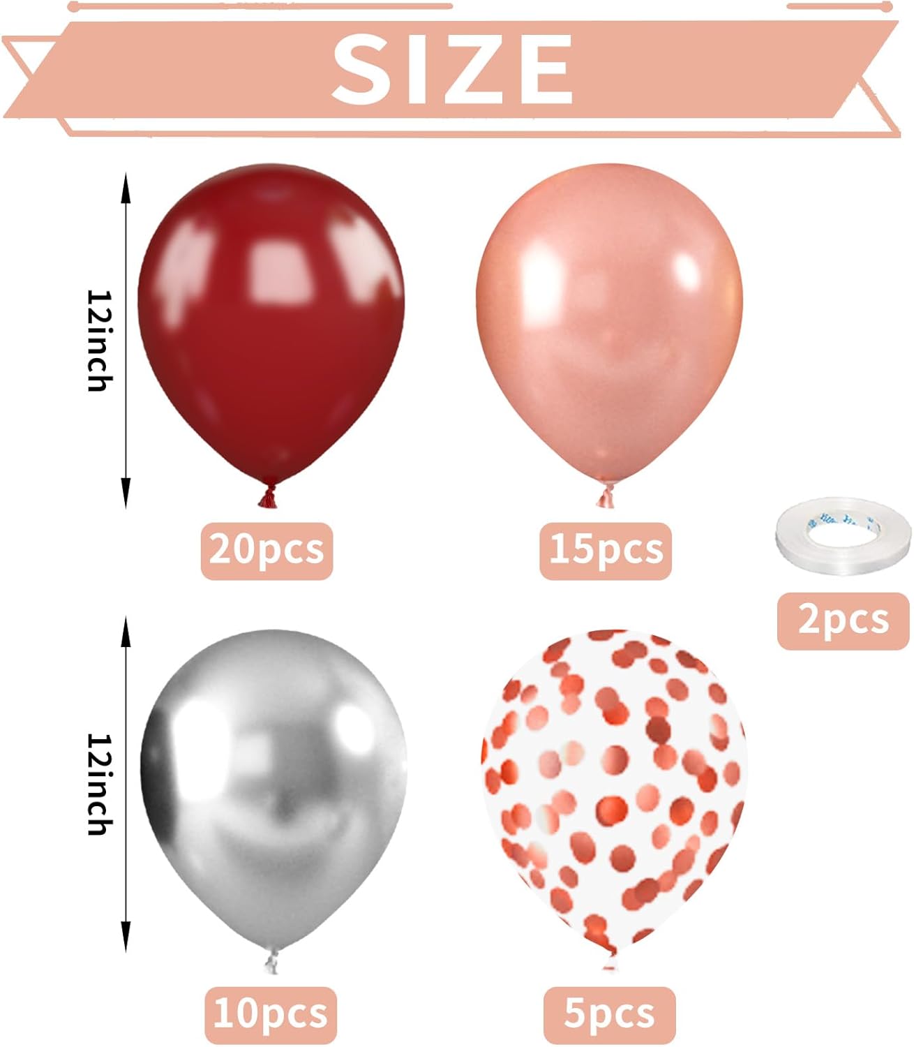 Burgundy Rose Gold Balloons, 52 PCS 12 Inch Wine Red Silver Rose Gold Latex Balloons with Confetti Balloons for Women Girls Birthday Wedding Bridal Shower Party Anniversary Decoration