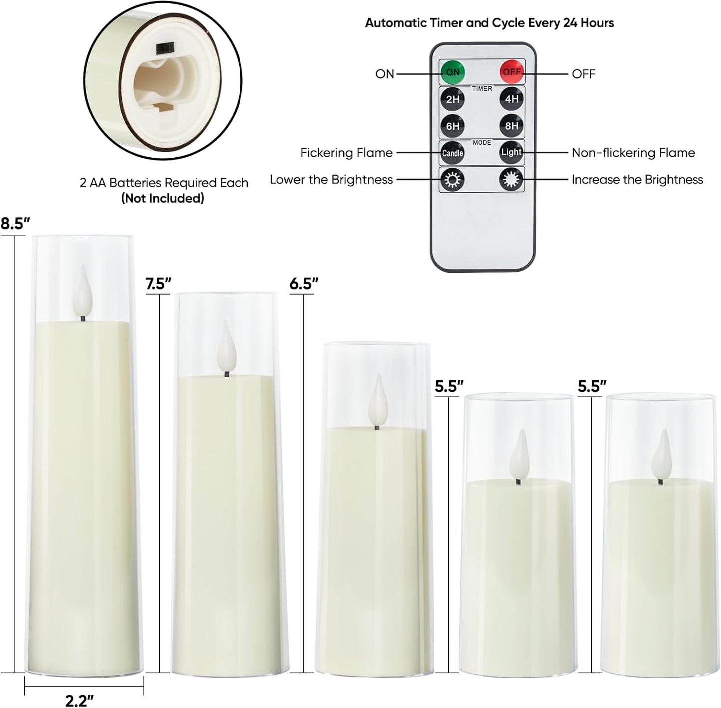 Amagic Flameless Candles Battery Operated, LED Candles with Remote and Timer, Acrylic Plexiglass Flickering Fake Candle for Wedding, Home Decor, Ivory White, Set of 5, D2.2 x H5 5" 6" 7" 8"