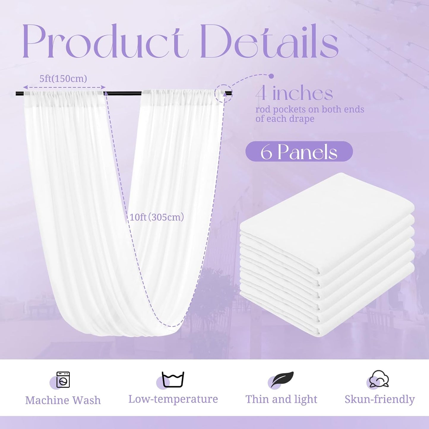 6 Panel White Wedding Drapes, 5ftx10ft Cheesecloth Sheer Fabric Curtains for Wedding Arch, Romantic Ceiling Decorations