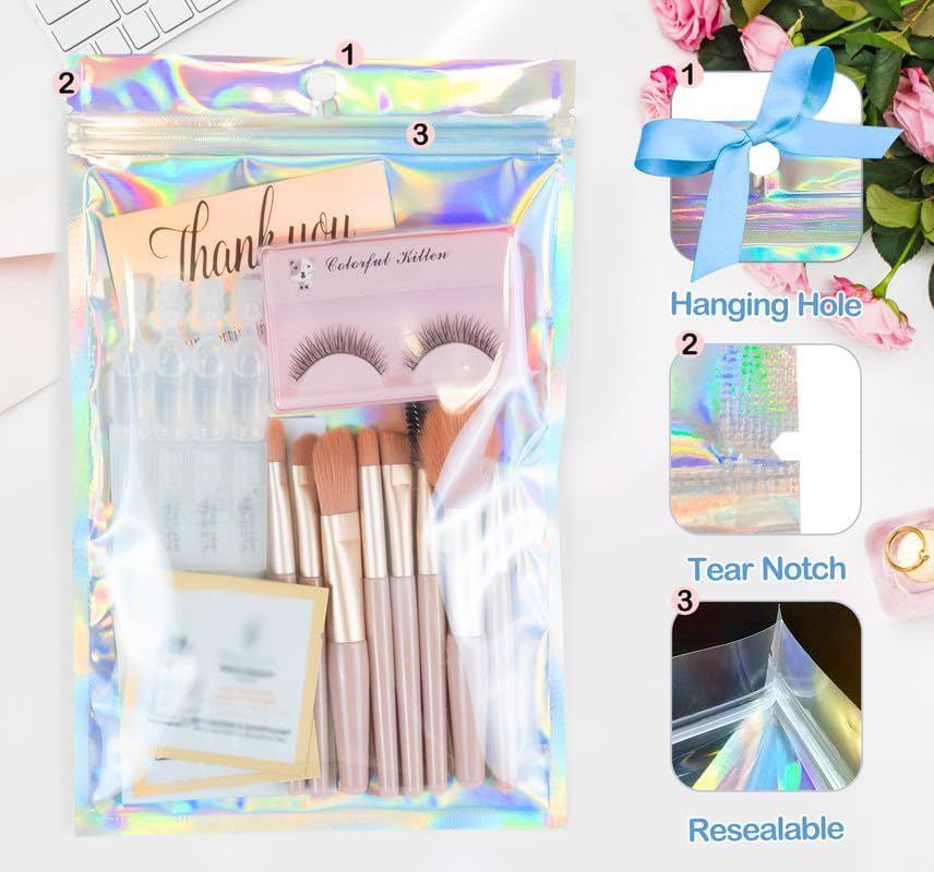 Smell Proof Bags & Resealable Foil Pouch Bag [100 PCS ] Great for Party Favor Food Storage (Holographic Color, 8 x 5.5 Inch)