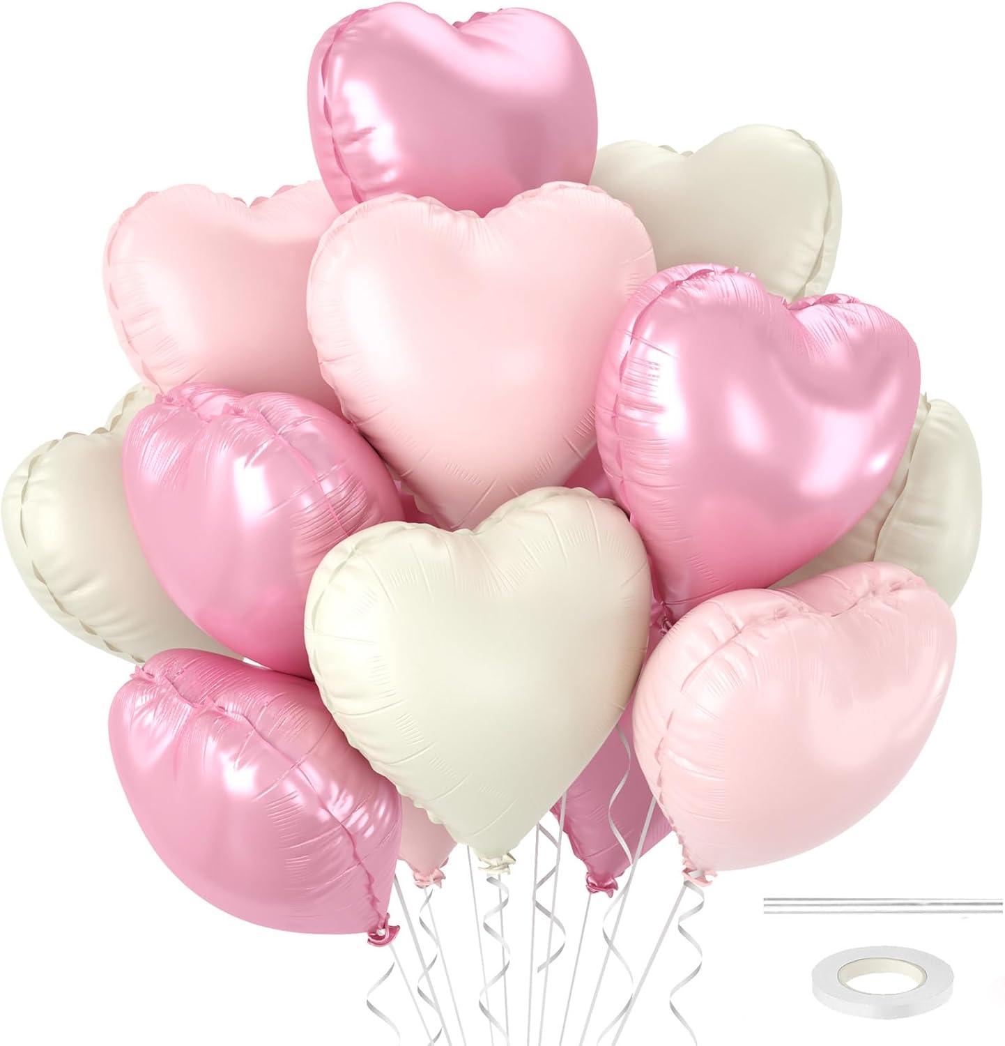 12 Pcs Heart Balloons, 18 inch Pink White Heart Shaped Balloons, Big Foil Helium Balloon, Pink Love Foil Balloon for Wedding Baby Shower Valentine Party Decorations