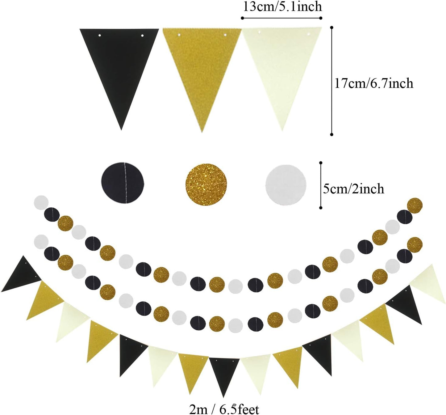 ZERODECO Party Decoration, 21 Pcs Black and Gold Hanging Paper Fans, Pom Poms Flowers, Garlands String Polka Dot and Triangle Bunting Flags for Birthday Parties Wedding Décor, Table & Wall Decorations