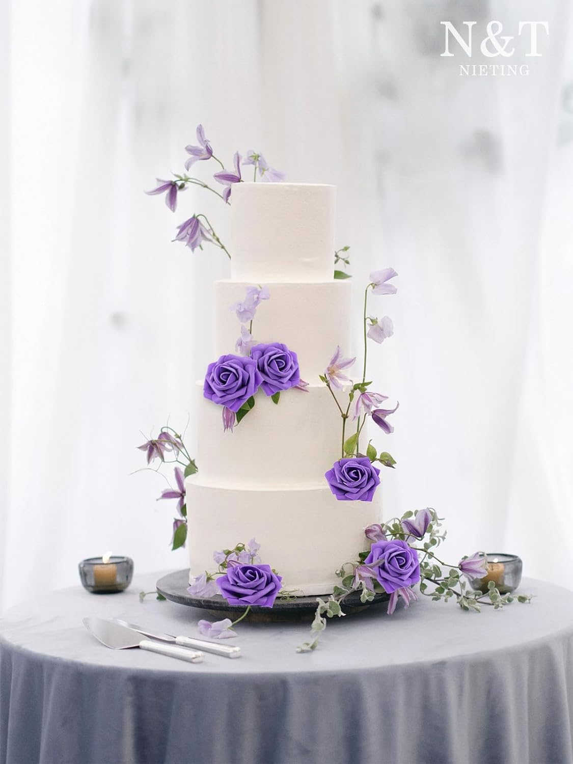 N&T NIETING Fake Flowers Purple Roses, 50Pcs Artificial Flowers Foam Roses with Stems for DIY Wedding Bridesmaid Bridal Bouquets Centerpieces Party Home Decoration Baby Showe