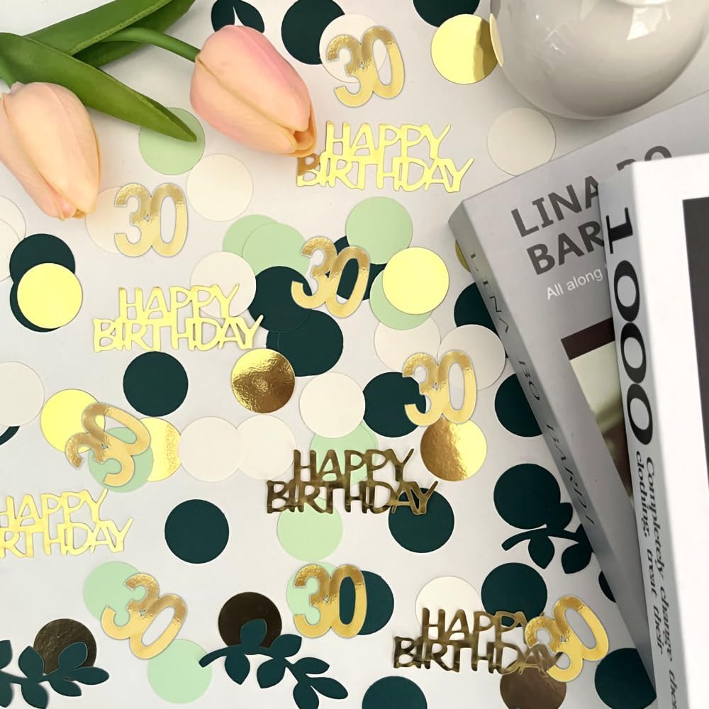Sage Green 30th Happy Birthday Confetti, Table Decorations Green Gold Foil Scatter Cake Confetti for 30th Birthday Her Him Party Decor 230 Pcs