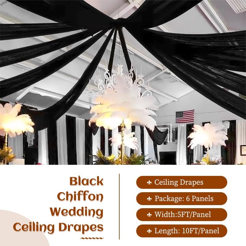 6 Panels Black Ceiling Drapes 5ftx10ft Wedding Chiffon Fabric Arch Draping Sheer Curtains Soft Drapery for Party Ceremony Stage Swag Decorations