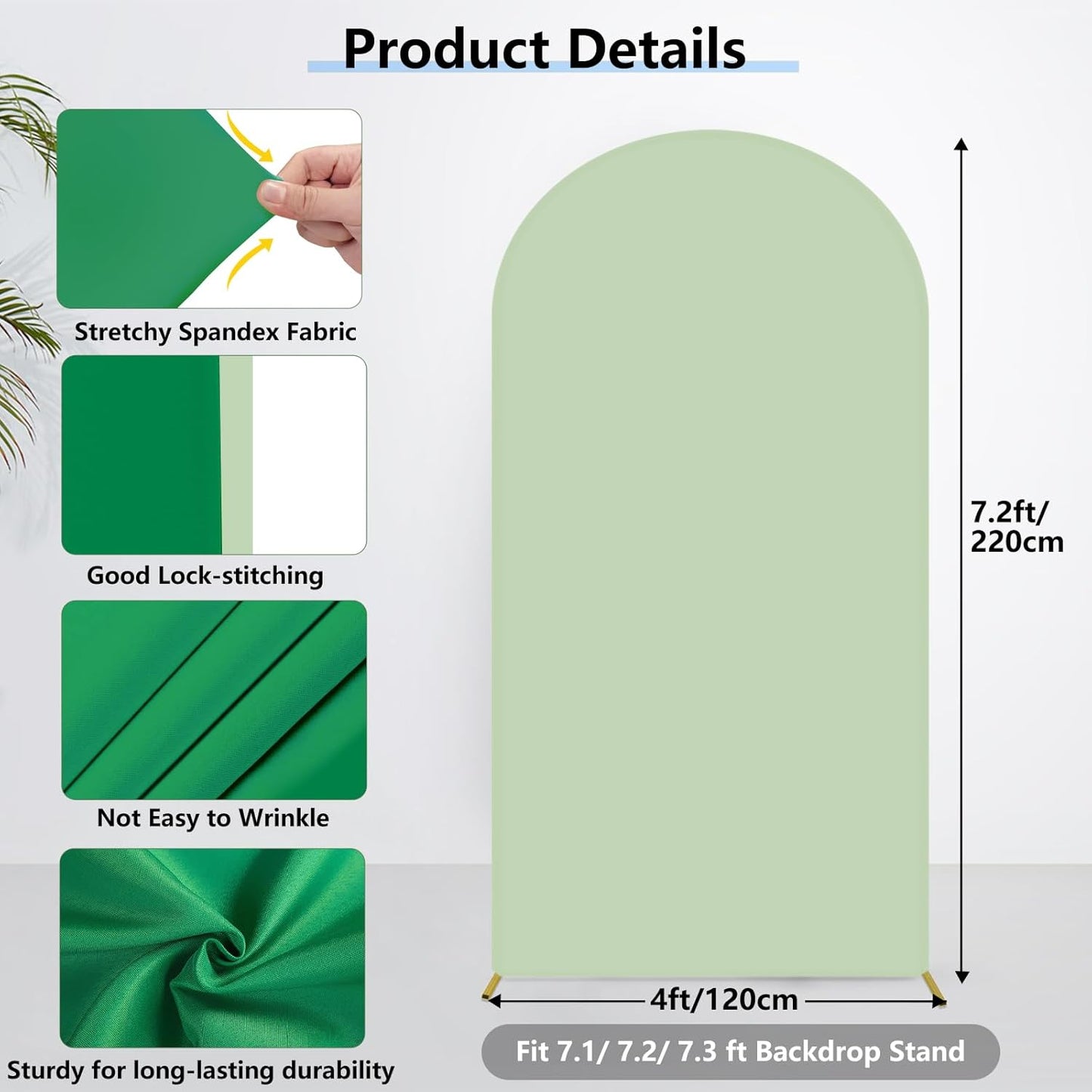 HEMMOTOP 7.2 ft Arch Backdrop Cover(One Piece Double Color), Green and Sage Green Spandex Arch Stand Covers, Fabric Stretchy Background for Balloon Arches, Wedding, Birthday Party, Baby Shower
