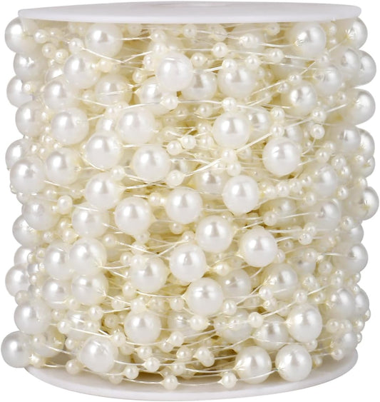 98FT Pearl Beads String Garland, 8mm 3mm Ivory Faux Pearl Beads Roll Strand Bulk for Wedding Party Flower Christmas Decoration DIY Craft
