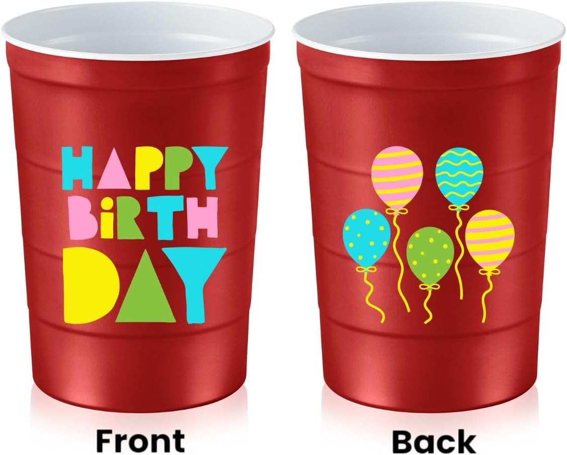 16 oz. Party Cups 'Happy Birthday' Balloon Design for Cold Drinks, Durable, Disposable, Recyclable, Made in USA, Red, 12 Count