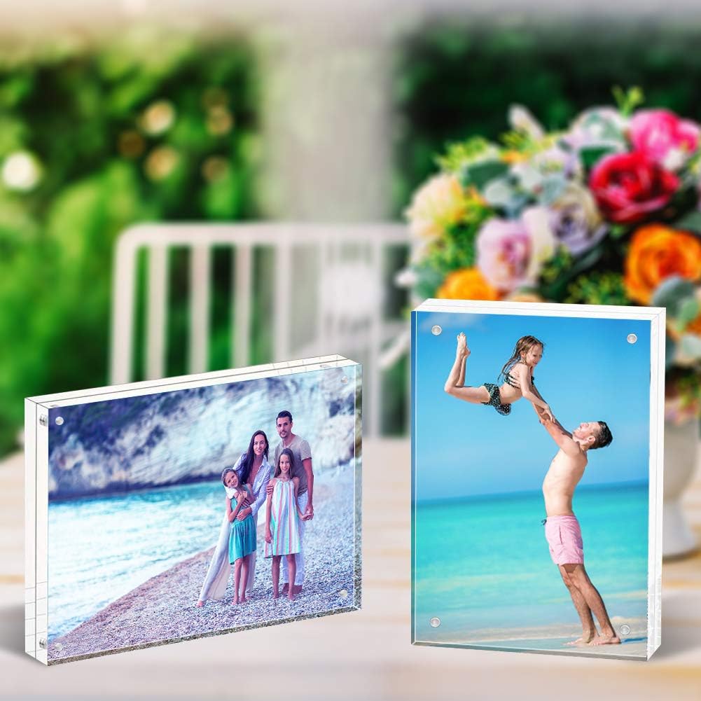 HELPLEX Acrylic Frame, 5 Pack 5x7 Acrylic Picture Frames, 24mm Thicker Frameless Clear Frame Double Sided Magnetic Frame, Free Standing Desktop Display Stand