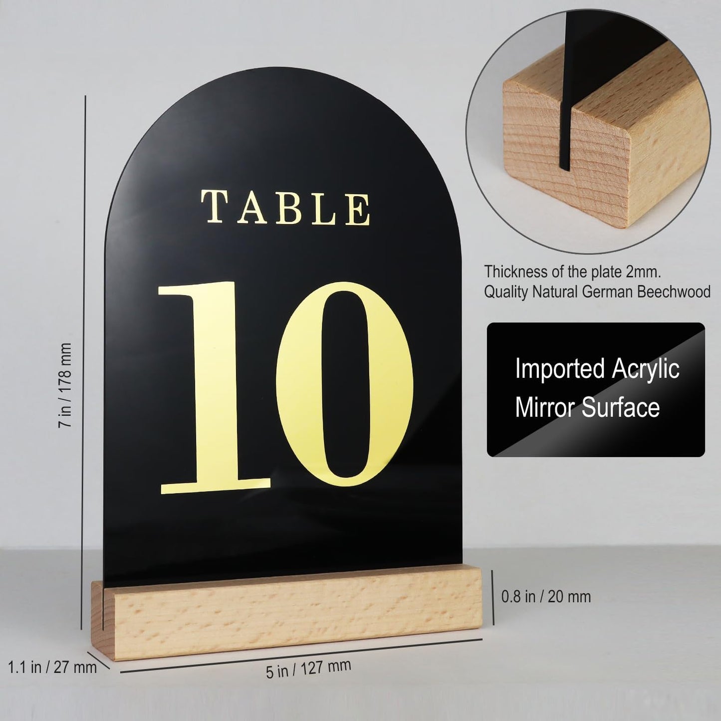 Wedding Table Numbers 1-10, Acrylic Arch Signs with Natural Wood Stands Holders, Rustic Table Decor for Reception & Parties (Black Gold)