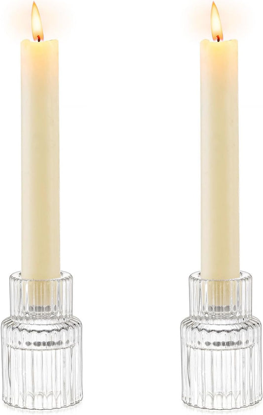 Romadedi Glass Candle Holder for Candlestick - 2Pcs Clear Small Tapered Candle Holders Wedding Decor Table Centerpiece for Candle Sticks Christmas Party Table Living Room Dinner Advent