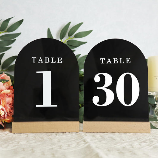 Wedding Table Numbers 1-30, Acrylic Arch Signs with Natural Wood Stands Holders, Rustic Table Decor for Reception & Parties (Black White)