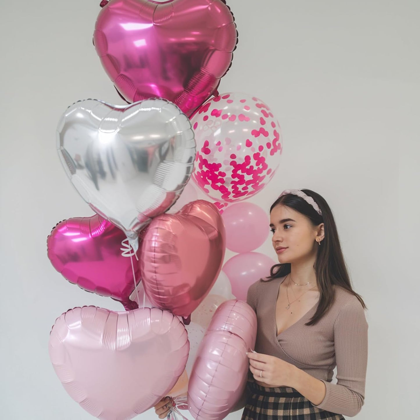 Rose Red Silver Heart Balloons, 18 Inch Light Pink and Silver Heart Shaped Balloon, 12PCS Hot Pink Helium Foil Love Balloons for Birthday Engagement Wedding Valentine Party Decorations