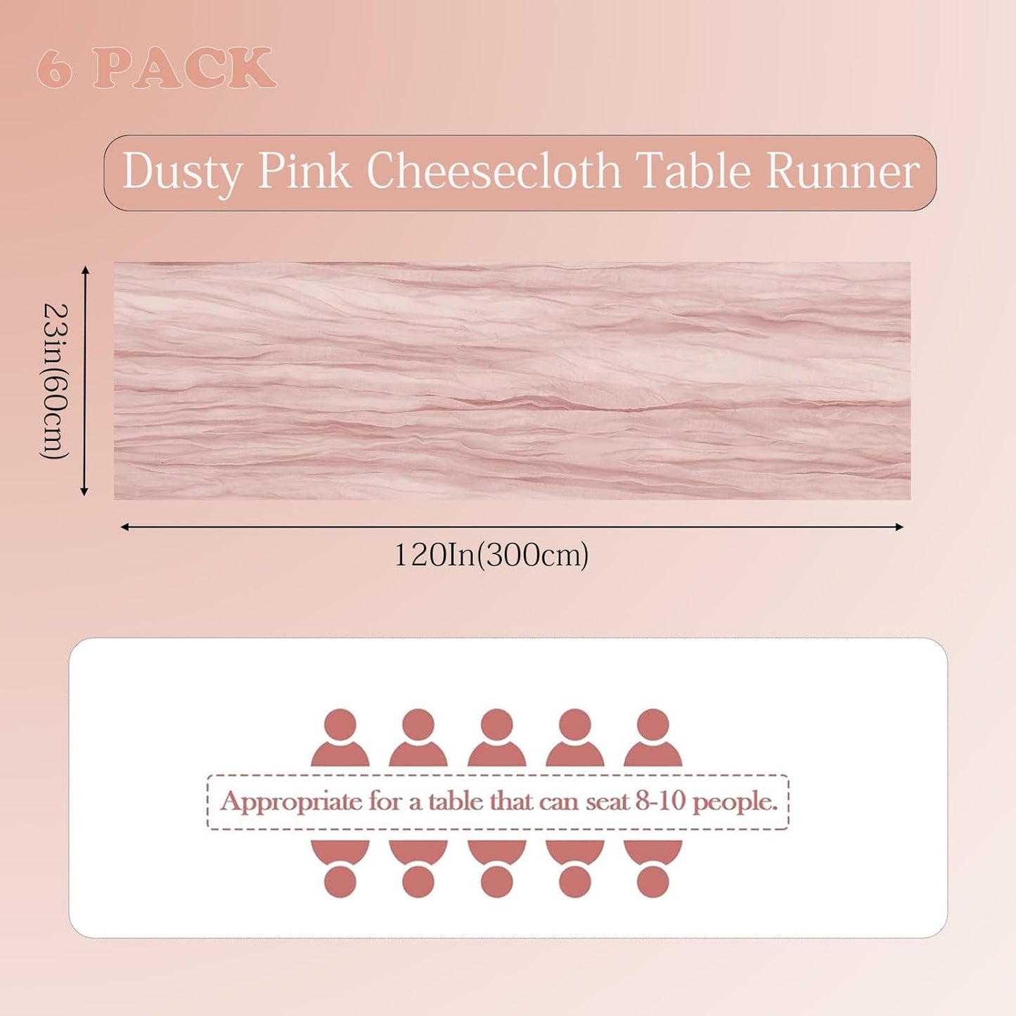 6 Pack Dusty Pink Cheesecloth Table Runner 23x120 inch Rustic Boho Gauze Table Runner 10 FT Long Sheer Cheese Cloth Fabric Table Runners for Romantic Wedding Bridal Shower Birthday Party Decor