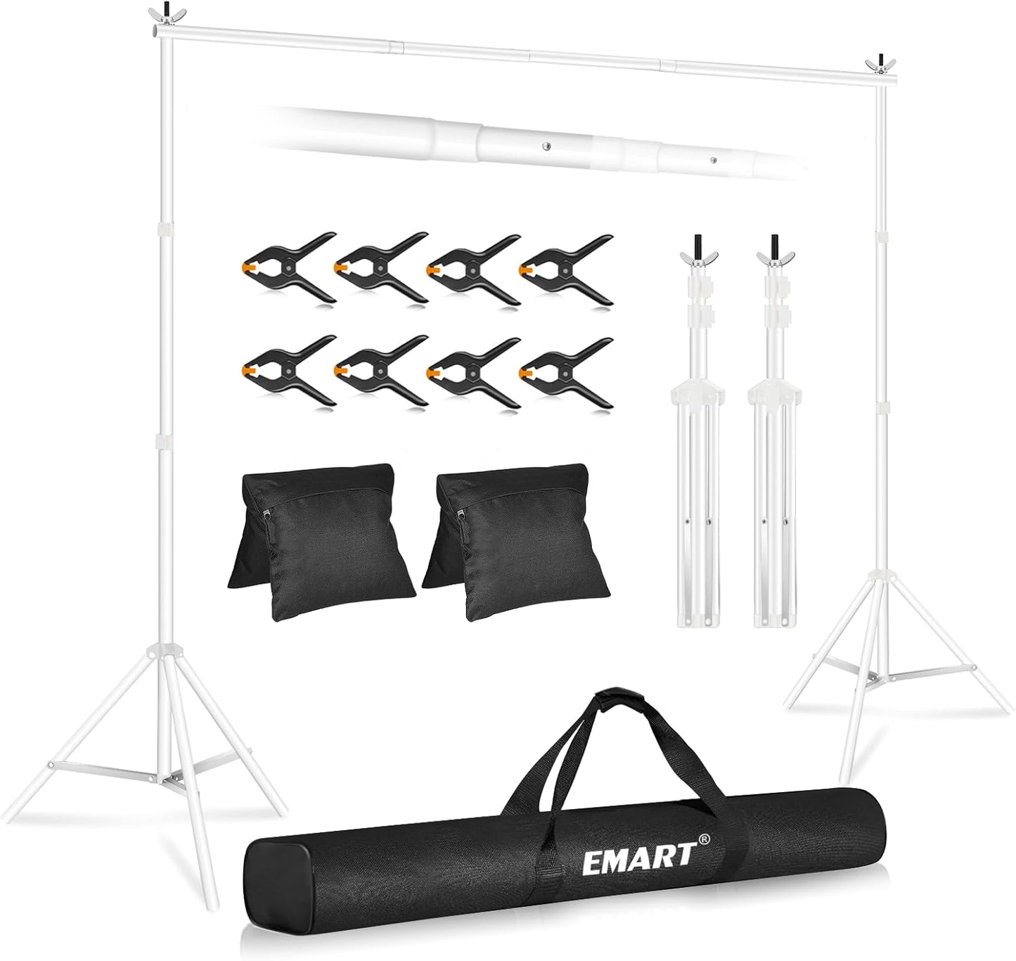 EMART Backdrop Stand 10x7ft(WxH) Photo Studio Adjustable Background Stand Support kit with 2 Crossbars, 8 Clamps, 2 Sandbags and Carry Bag for Parties, Events Decoration, Wedding, Photography -White