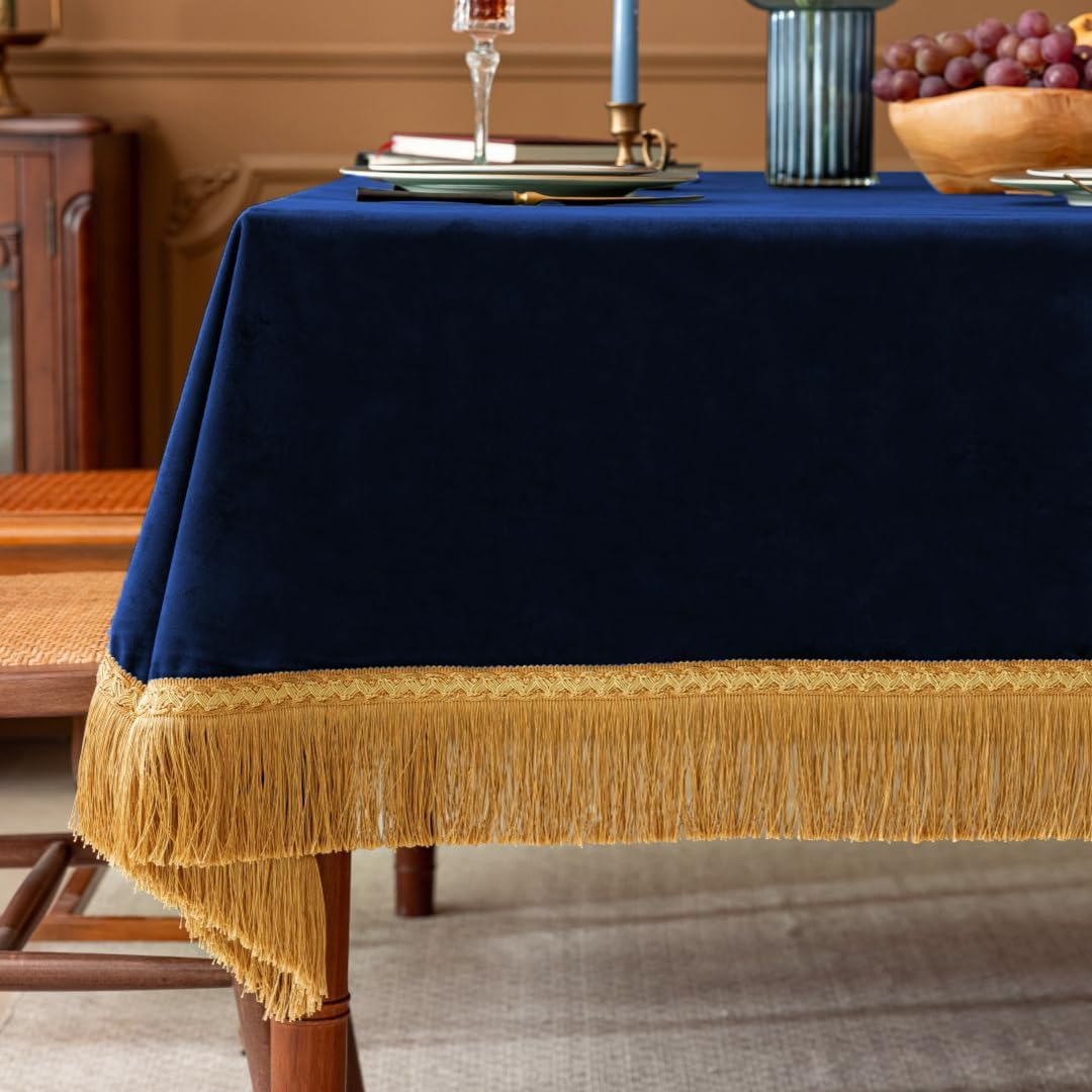 F-CHU Blue Tablecloth Thickset Velvet Tablecloth with Beautiful Gold Tassels Vintage Table Cloth for Home Decor Wedding, Party, Banquet and Events 60x120-Inch
