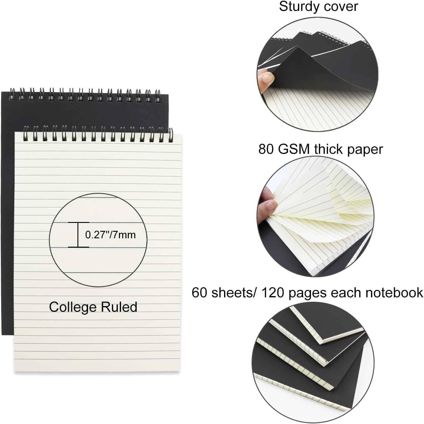 4 Pcs Top Bound Spiral Notebook,8.3 inch x 5.8 inch,60 Sheet,7mm College Ruled Paper,A5 Spiral Note Pads Memo Lined Notebook Journal for School and Office Supplies (Black)
