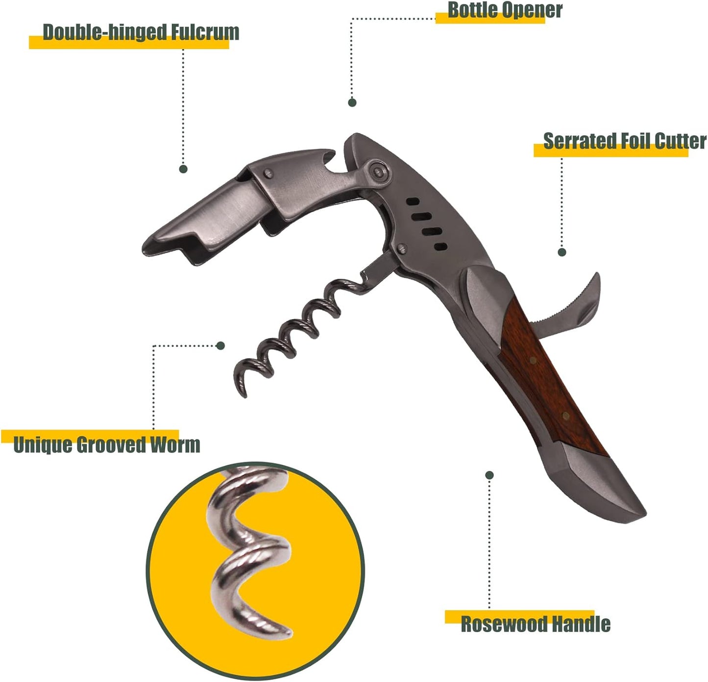 Waiters Corkscrew, Wine Bottle Opener, Heavy Duty Stainless Steel, Rosewood Handle, Shark Shaped Wine Key, Gift for Waiters, Bartenders, Sommelier