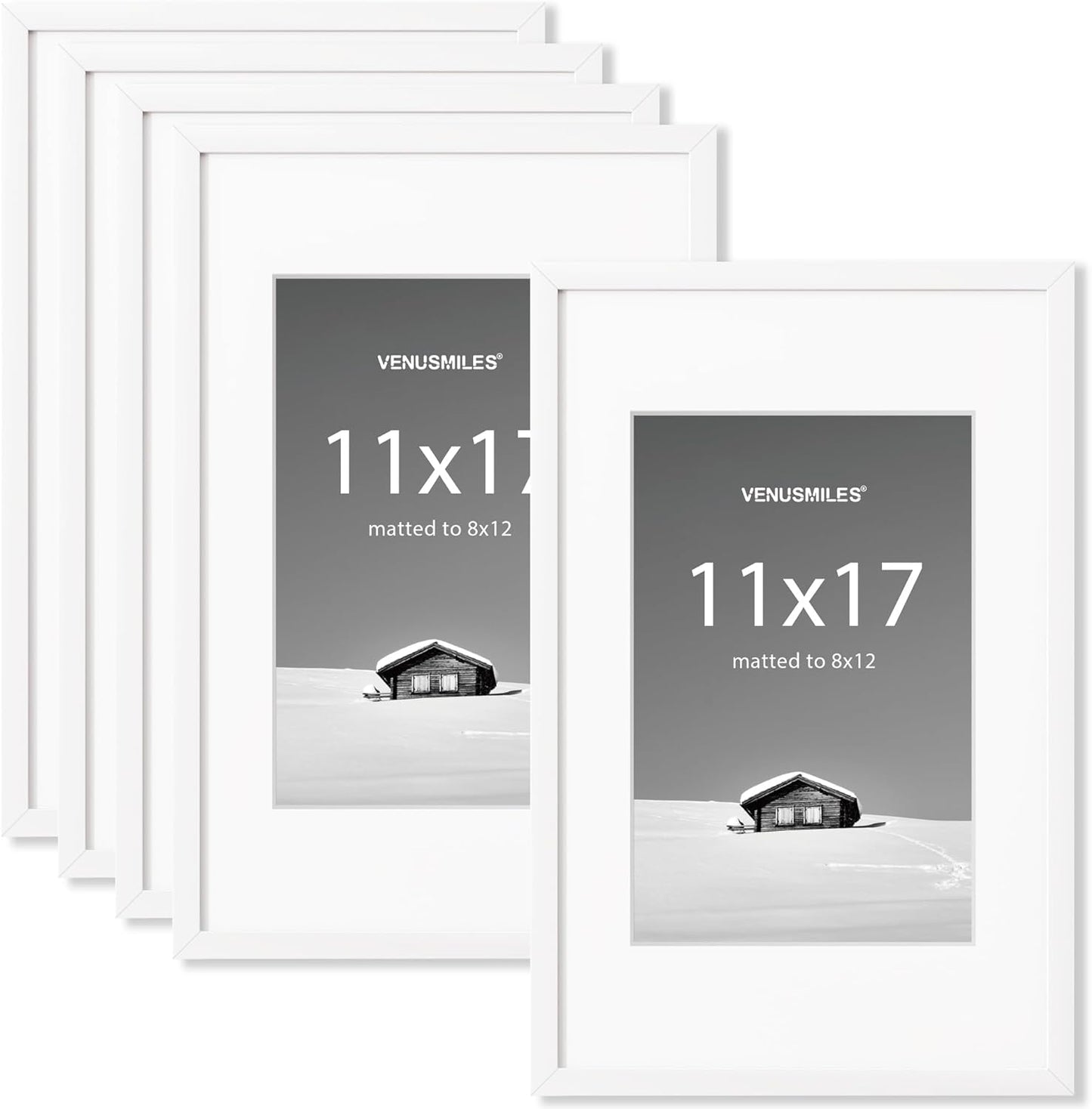 11x17 inch Picture Frame, 11x17 Photo Frames with 8x12 Removable Mat - High Definition Plexiglass - Vertical and Horizontal Display - Wall Hanging Frame - White, 5 Pack