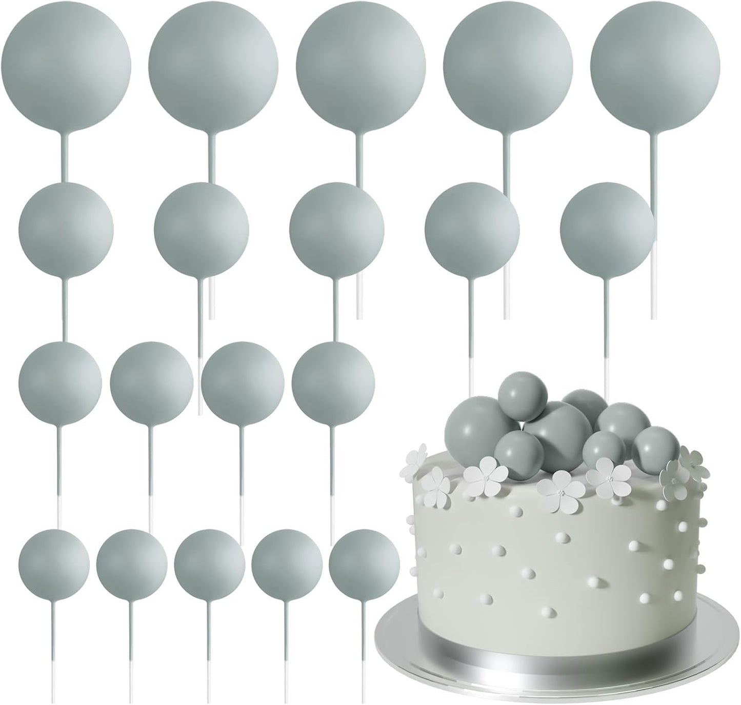 ASTARON 20 Pcs Ball Cake Topper Decorations Mini Balloons Cake Topper Sticks Gray Balls Cake Picks Cake Topper Balls Cake Decorations for Wedding Birthday Cake Decorations