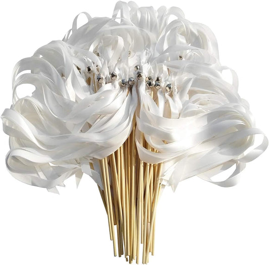 50PCS Ribbon Wands with Triple Ribbon and Silver Bell Party Wand Party Favors Streamers Ribbon Sticks Magic Fairy Wands for Wedding Decors