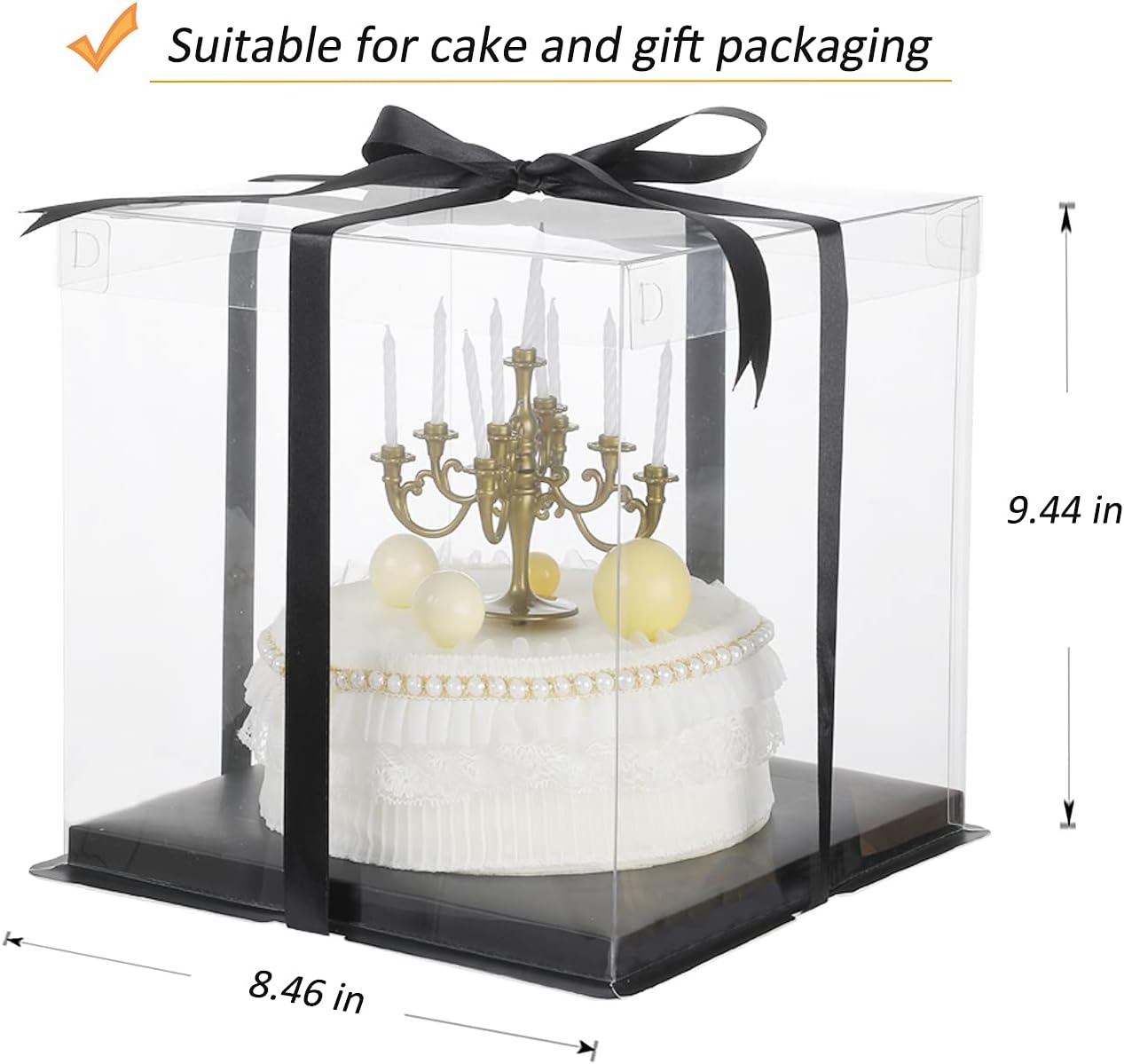 XININSUN 6inch Clear tall cake Box with Ribbon, 8 X 8 X 9inch for Bakery Boxes Clear Gift Boxes,ideal for wedding birthday party and gift display-Black