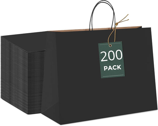 GSSUSA Black Large Gift Bags 16x6x12 Kraft Paper Bags with Handles 200Pcs Sturdy Shopping Party Merchandise Retail