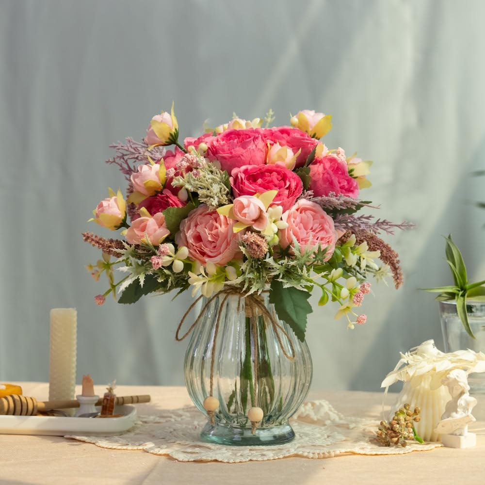Artificial Peonies Silk Flowers Bouquet in Glass Vase Faux Flowers Bouquets Modern Penoy Arrangement for Home Decoration Table Centerpiece (Bouquet-Rose Red)