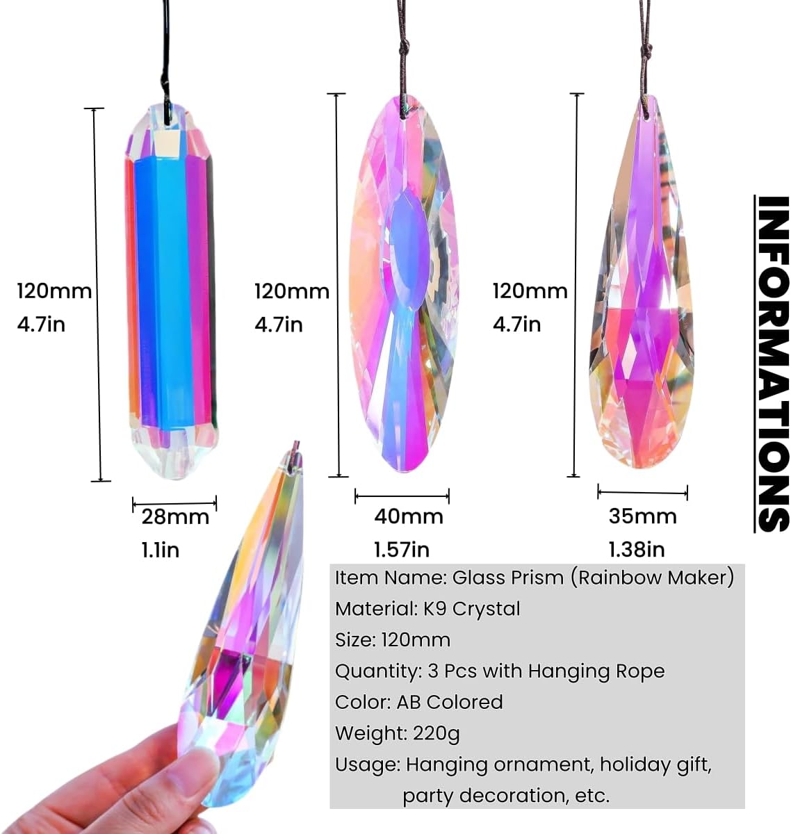 3Pcs 5-inch Crystal Sun Catcher Prisms for Windows Garden Patio,AB Colored Hanging Suncatchers with Glass Prism Rainbow Maker Ideal