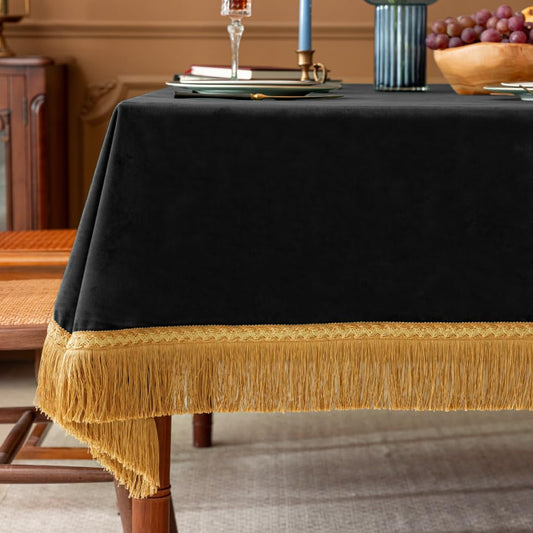 F-CHU Luxury Black Tablecloth Thickset Velvet Tablecloth with Beautiful Gold Tassels Vintage Table Cloth for Home Decor Wedding, Party, Banquet and Events 67x120-Inch