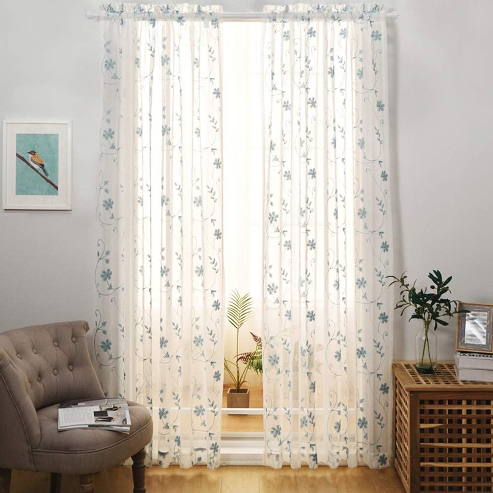 Sheer Curtains Blue 45 Inch Embroidered Floral, Rod Pocket Voile Drapes for Living room, Bedroom, Window Treatments Semi Crinkle Curtain Panels for Yard, Patio, Villa, Parlor, Set of 2, 52"x 45".