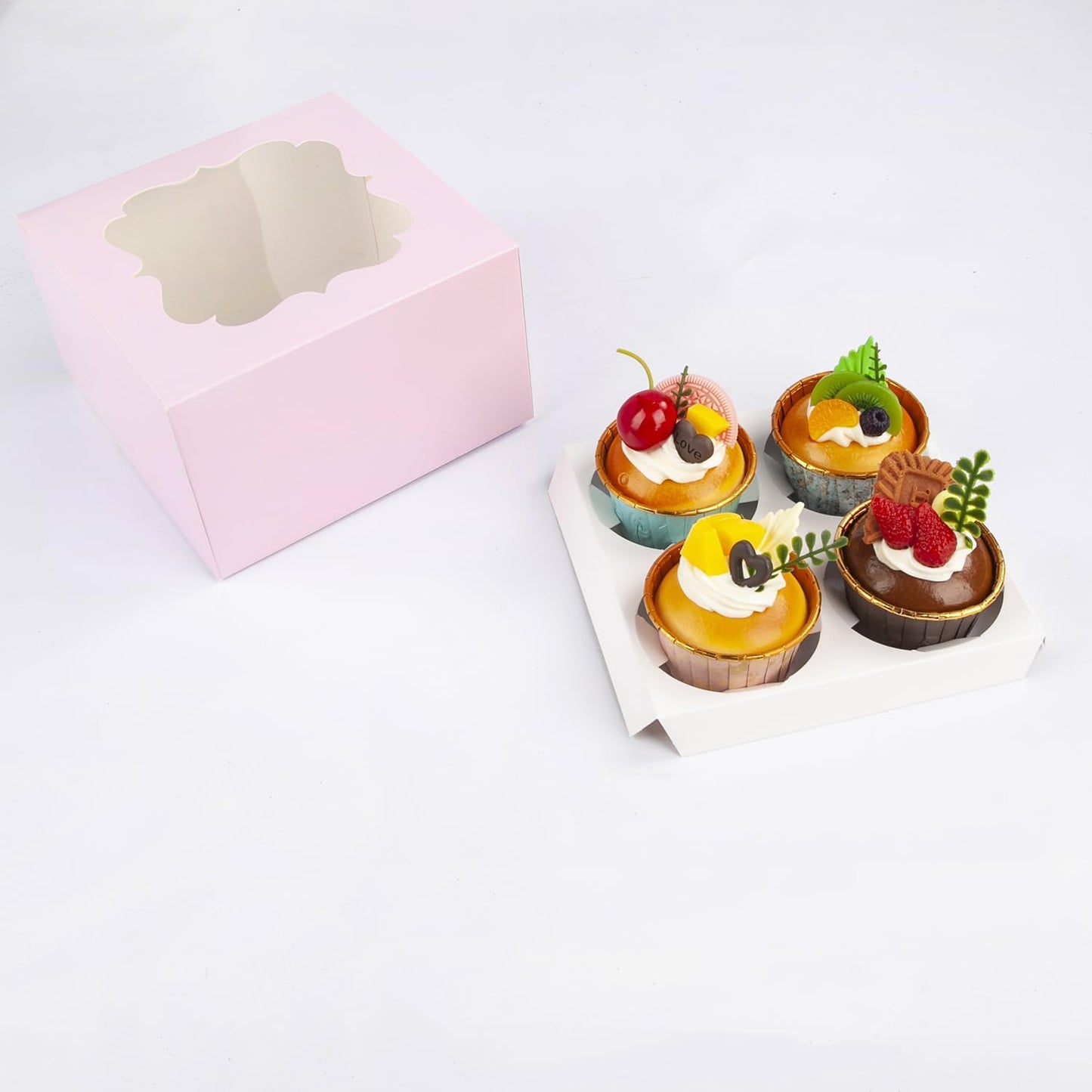 20 PCS 6.5 x 6.5 x 4 inch Paper, Cupcake Boxes with Inserts and Window Hold 4 Cupcakes, Bakery Boxes For Cupcakes Carrier, Cupcake Containers (Pink - 4 Holes)