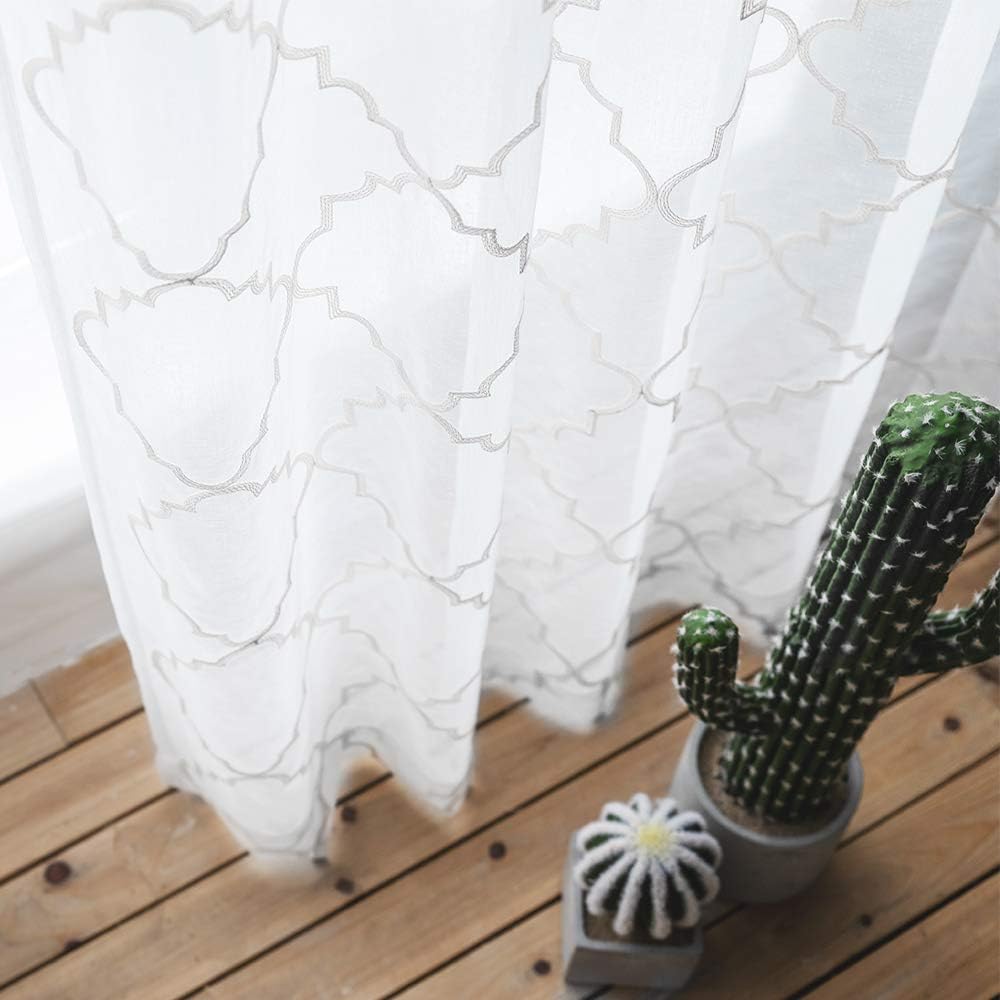 Embroidered Moroccan Tile Lattice Design Sheer Curtains White 45 Inch Length, Rod Pocket Voile Drapes for Living room, Bedroom, Window Treatments Semi Curtain Panels for Yard, Set of 2, 52"x 45".