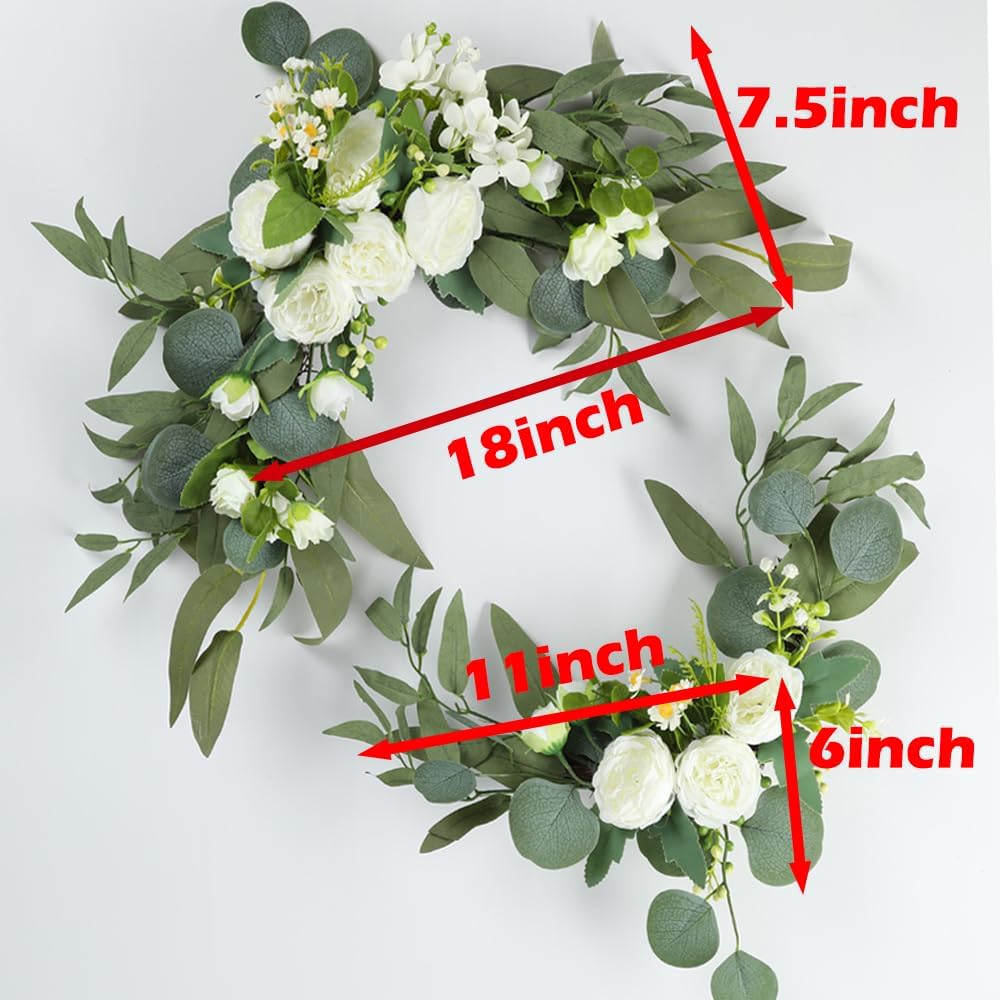 H&W 2pcs Artificial Wedding Arch Flowers for Wedding Sign, Floral Swag Dusty Decor for Reception Ceremony Backdrop(Willow Leaves-Peony-White)