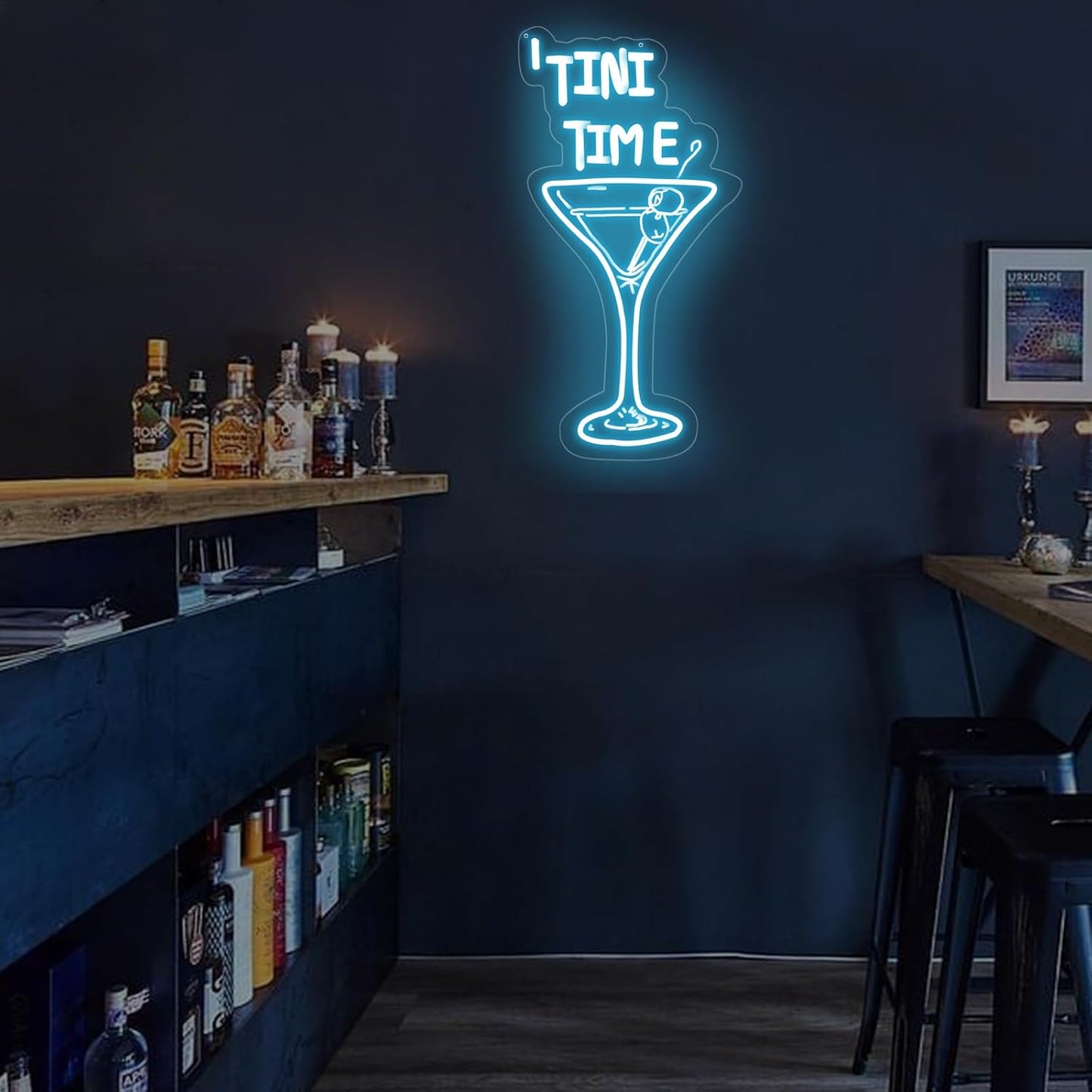 Tini Time LED Neon Sign, Martini Neon Sign for Bars, Elegant Cocktail Glass Neon, Martini Cocktail Bar Wall Decor, Bar Wall Art, Pub neon, 16.5"x8.7", Ice Blue