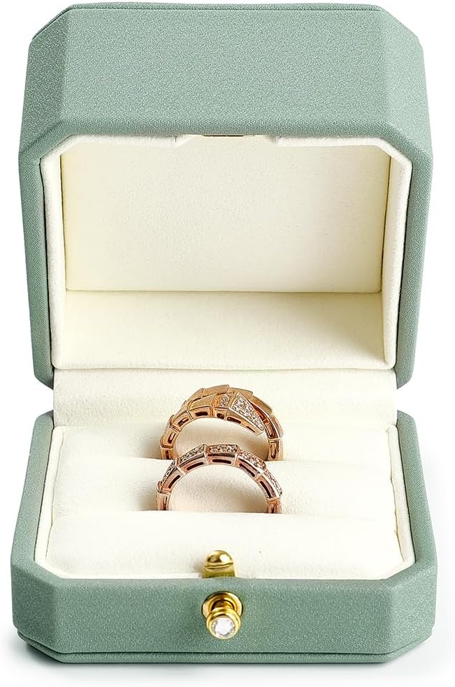 Oirlv Premium Leather Double Ring Box for Wedding Ceremony Engagement Couple Rings Holder Jewelry Gift Case(Green,Double)