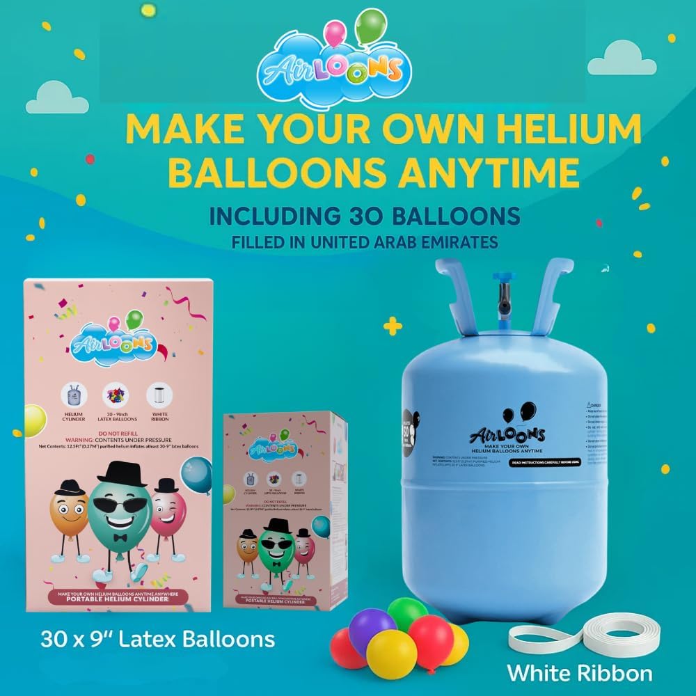 Airloons 9.5in Standard Helium Balloon Kit - Disposable Portable Helium Tank for Balloons at Home - Includes Helium Tank, 30 Latex Balloons, Curling Ribbon